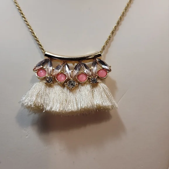 Vintage Gold Tone Long Necklace 4 Tassels Topped with Pink and Clear Beads - Picture 5 of 6
